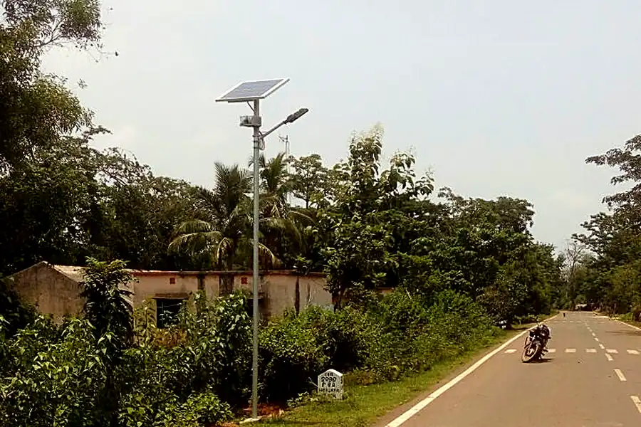 Solar street light installed along a village road
